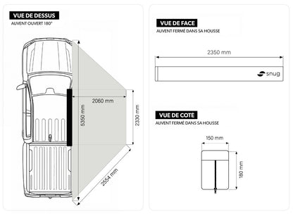 Auvent autoportant SNUG MALAGA 180° pour raid 4x4, montage facile, conçu pour véhicules tout-terrain et camping en plein air.