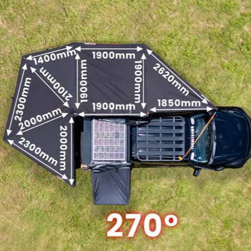 Auvent circulaire 270° XL autoportant EFS, conçu pour véhicules tout-terrain, avec structure robuste et protection contre les intempéries.