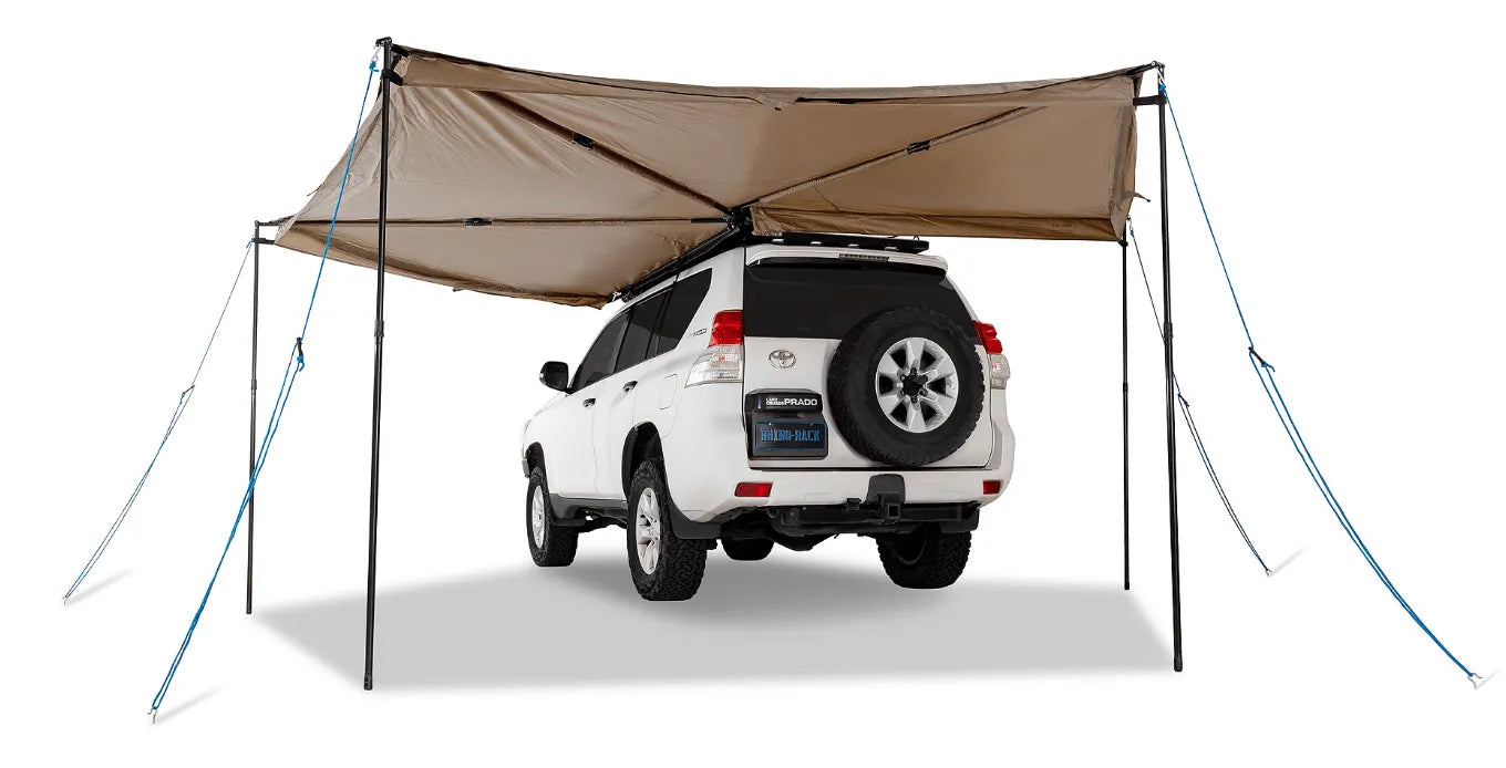 Auvent circulaire 270° Batwing pour véhicule, 2,5 m, version gauche, avec fixations STOW IT, marque RHINO-RACK.