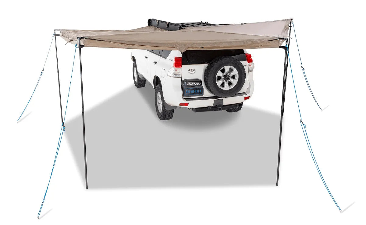 Auvent circulaire 270° Batwing RHINO-RACK, 2,5 m, version gauche avec fixations STOW IT, pour véhicule tout-terrain.