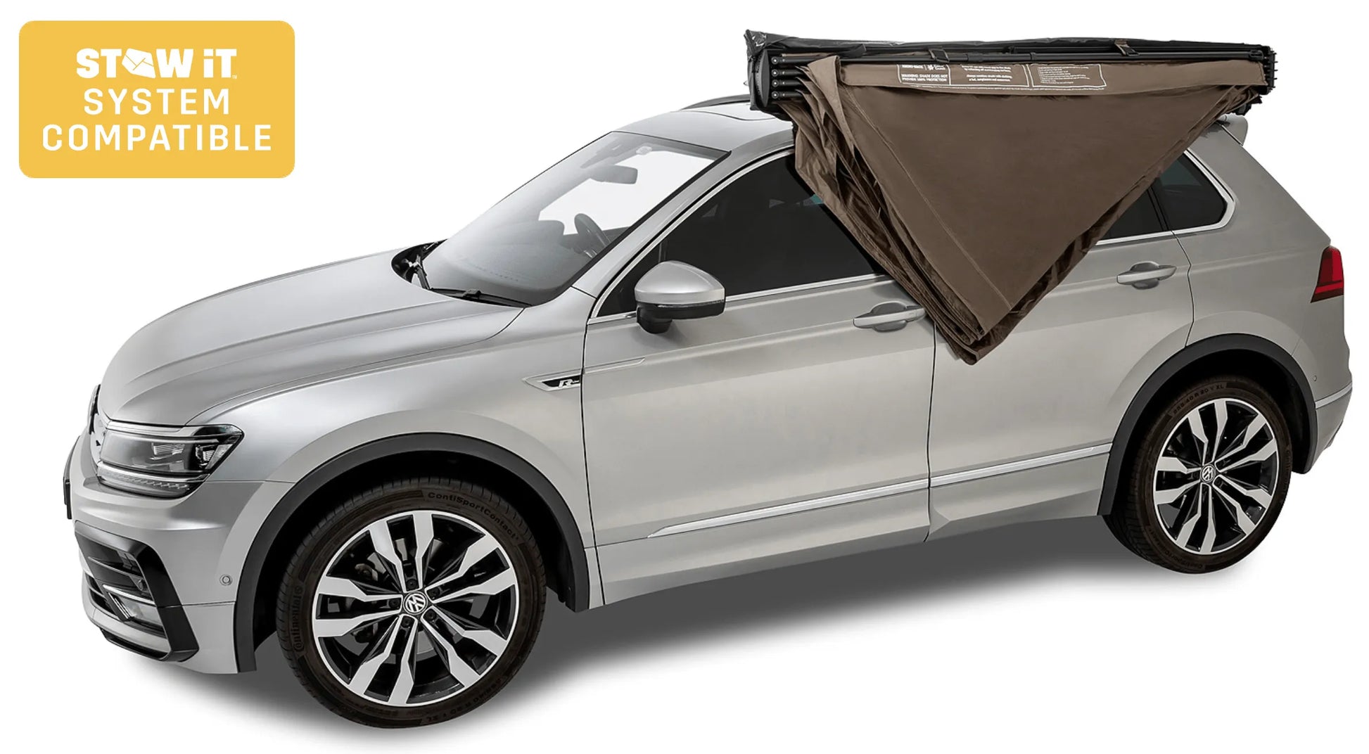 Auvent circulaire 270° Batwing Compact 2m gauche de RHINO-RACK avec fixations STOW IT, pour véhicule tout-terrain.