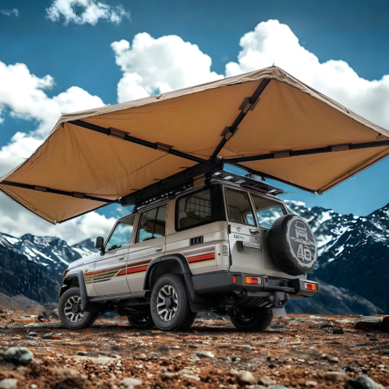 Auvent auto-portant 270° avec parois pour côté gauche, marque Rhino-Rack, installation pour véhicule tout-terrain.