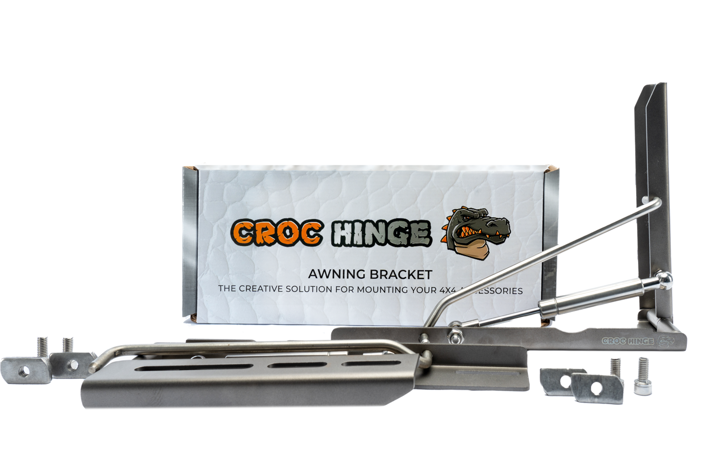 Support de auvent rabattable CROC HINGE pour 4x4, robuste et polyvalent, conçu pour renforcer les auvents tout-terrain.