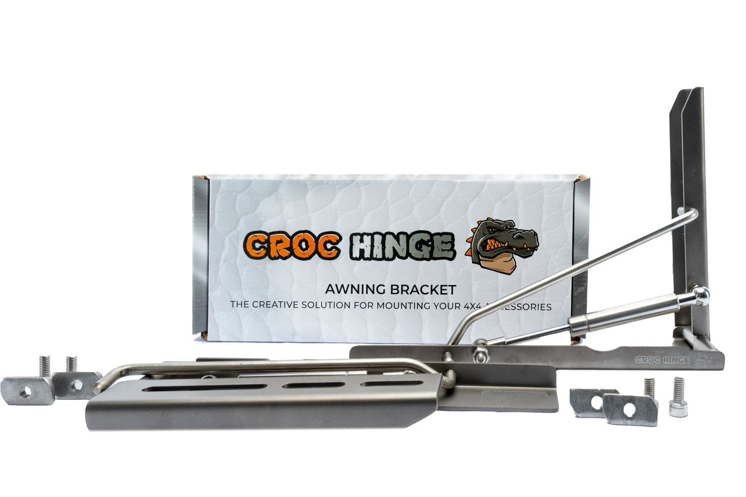 Support de auvent rabattable CROC HINGE pour 4x4, robuste et polyvalent, conçu pour renforcer les auvents tout-terrain.