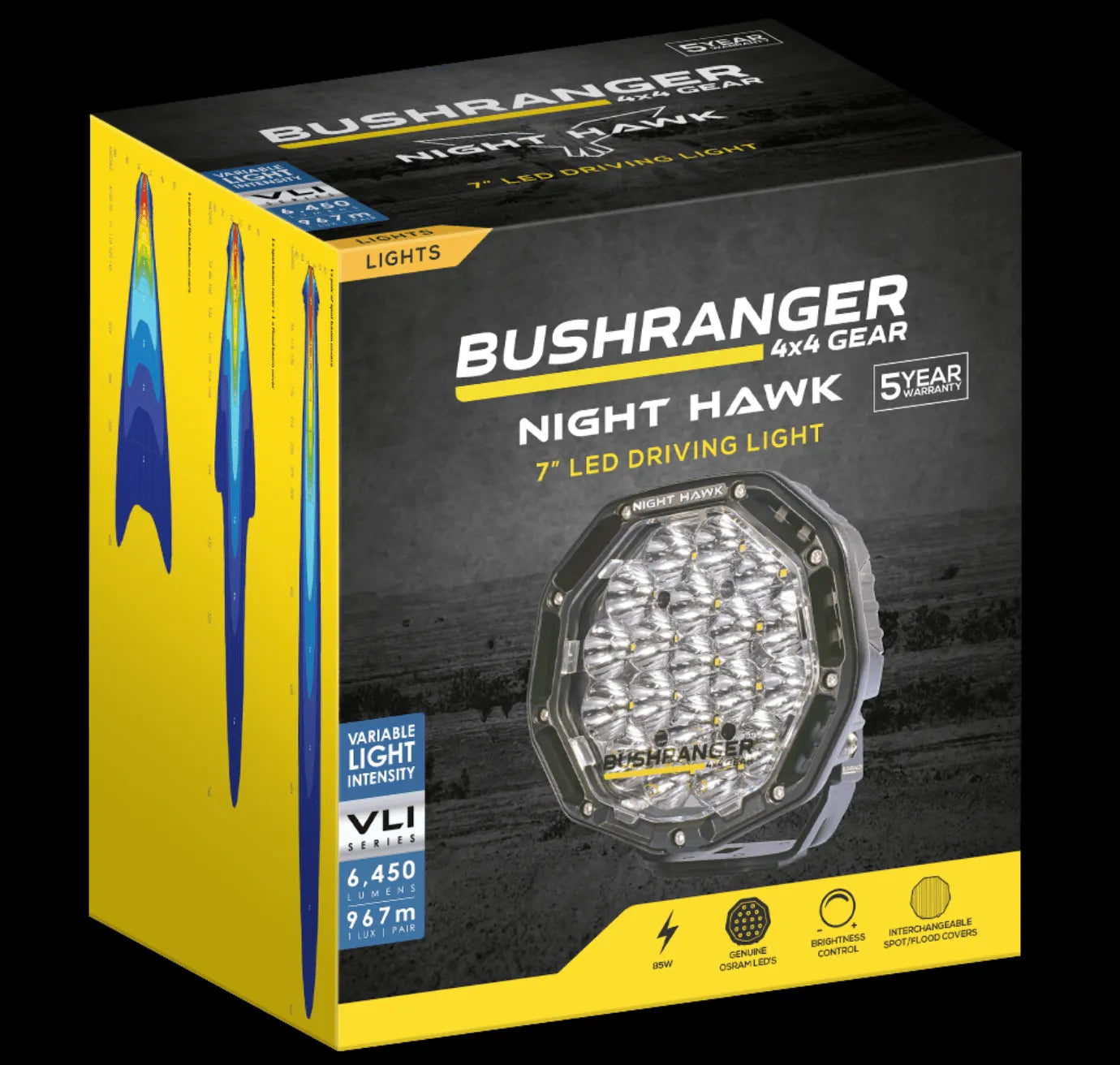 Deux phares LED de 7 pouces Bushranger Night Hawk SR avec faisceau inclus, éclairage de type spot pour véhicule tout-terrain.