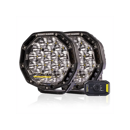 Deux phares LED de 7 pouces Bushranger Night Hawk SR avec faisceau inclus, éclairage de faible intensité pour véhicule tout-terrain.
