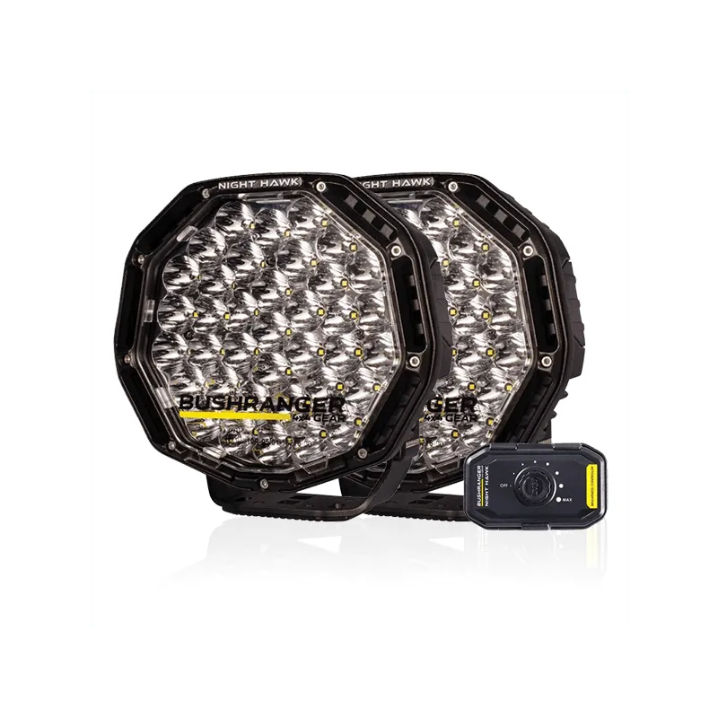 Deux phares LED Bushranger Night Hawk SR de 9 pouces avec faisceau inclus, éclairage spot puissant pour véhicules tout-terrain.