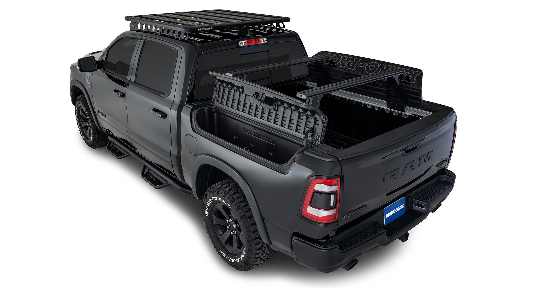 Kit de 2 barres de toit pour Dodge Ram, longueur 1260 mm, système Reconn-Deck, marque RHINO-RACK, pour véhicule utilitaire.