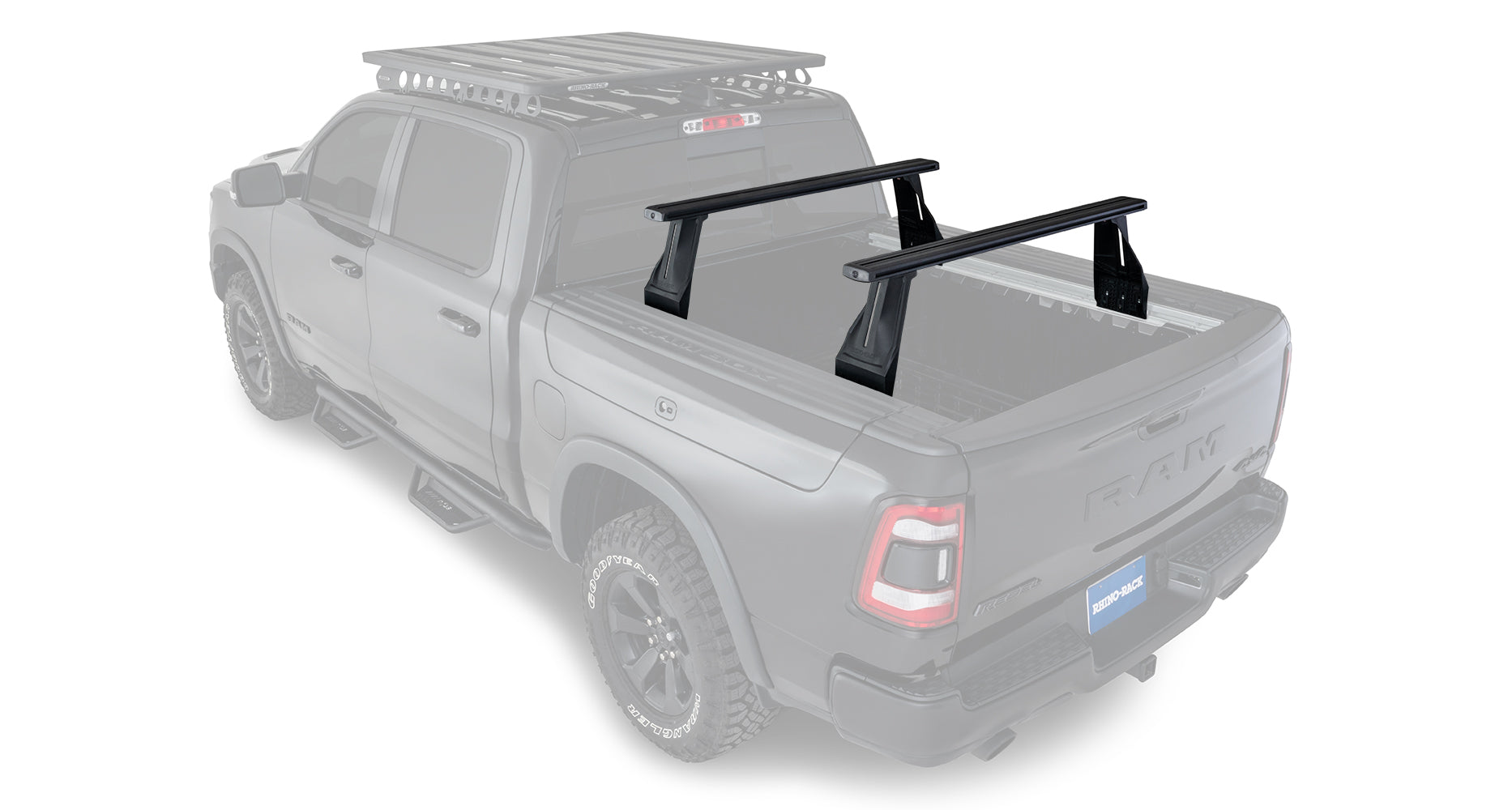 Kit de 2 barres de toit 1260 mm pour Dodge Ram, système Reconn-Deck, marque RHINO-RACK, fixations pour toit de camion.