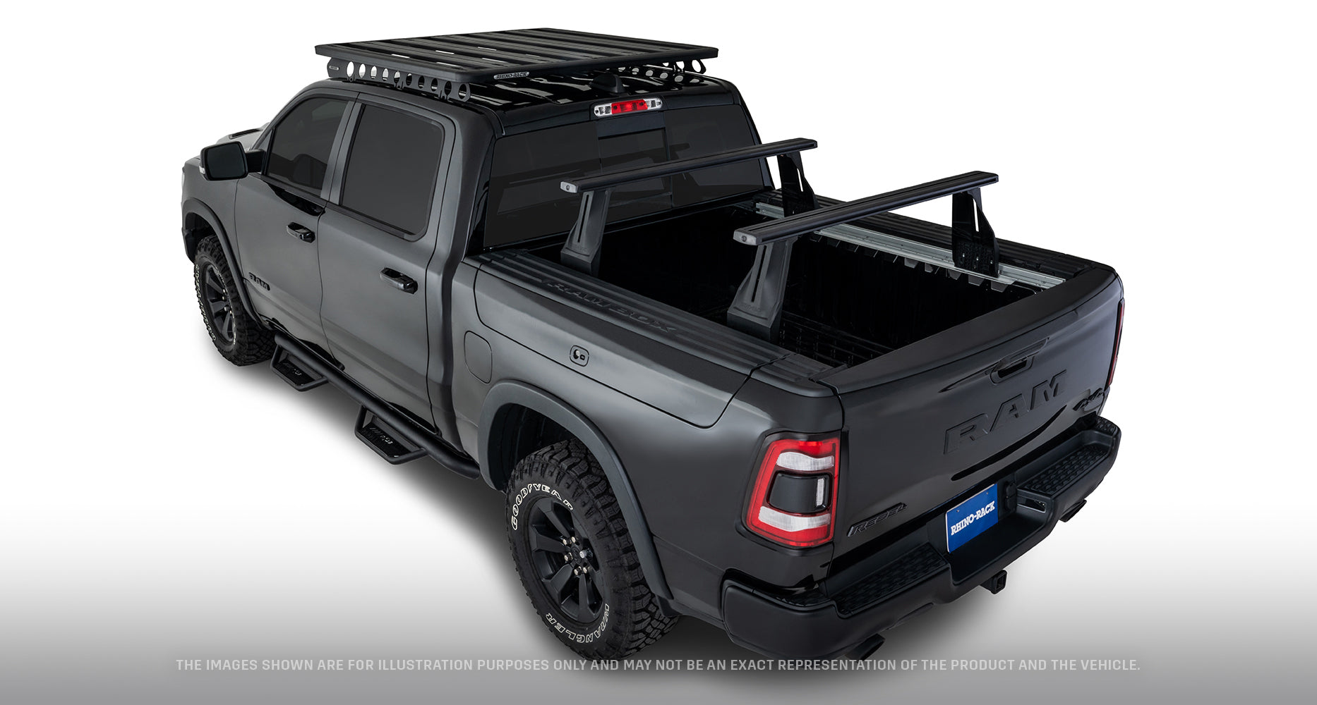 Kit de 2 barres de toit de 1260 mm pour Dodge Ram, système Reconn-Deck, marque RHINO-RACK, fixations robustes et solides.
