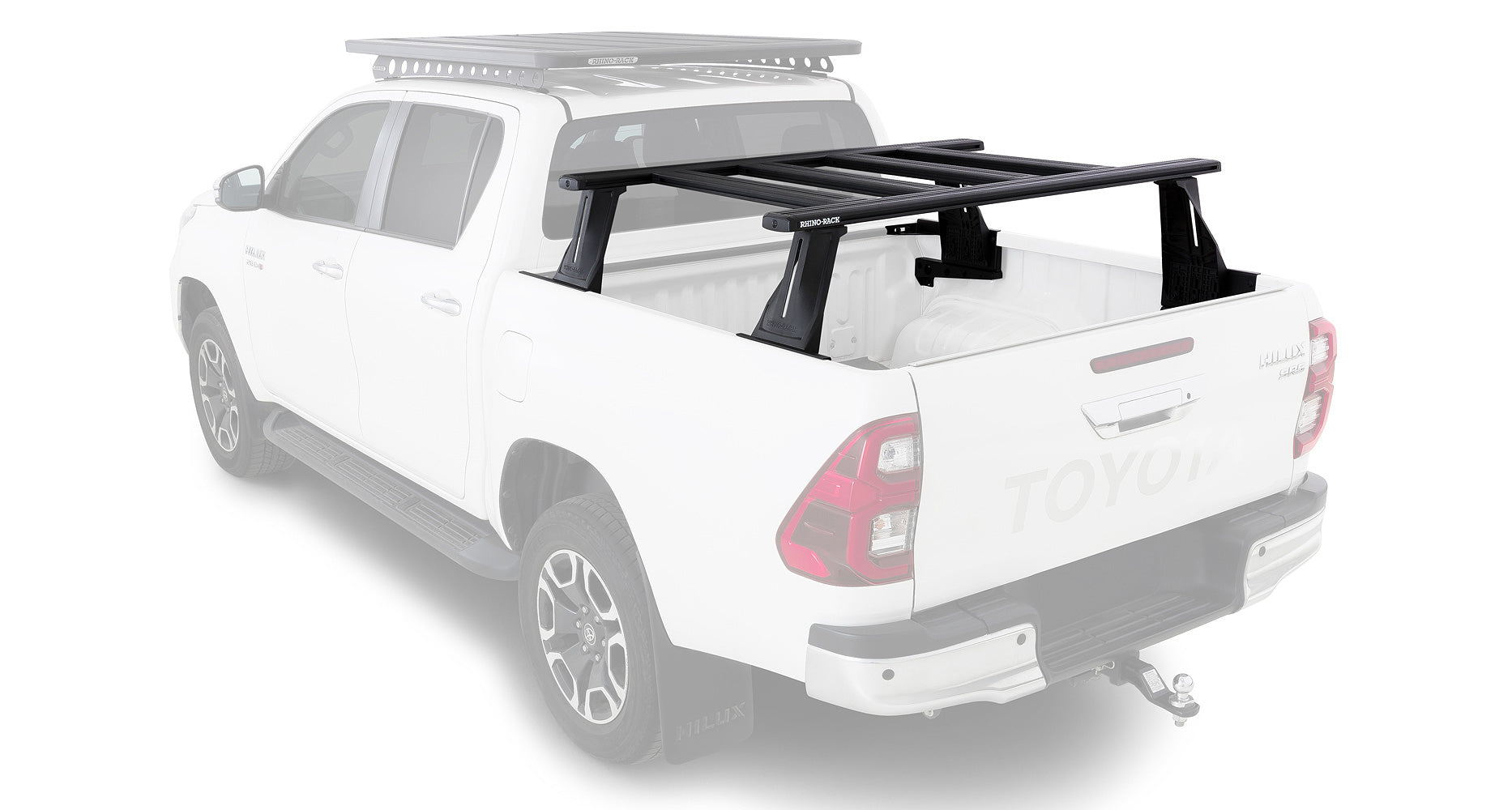 Kit de 2 barres de toit RHINO-RACK pour Toyota Hilux Revo 2015+ avec système Reconn-Deck et 4 barres transversales.