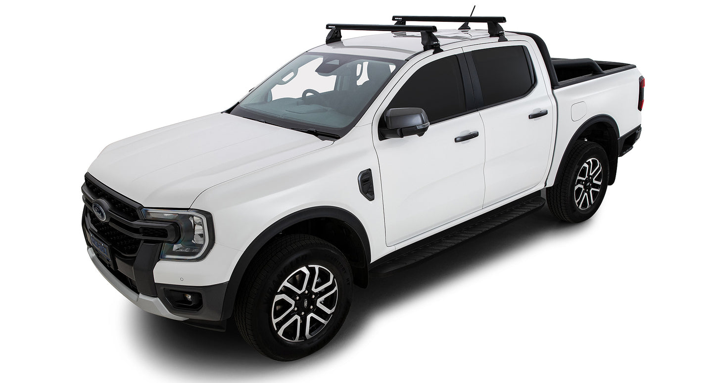 Kit de 2 barres de toit Heavy Duty noires de 1250mm pour Ford Ranger T9 et Raptor T9, marque RHINO-RACK, fixations solides.