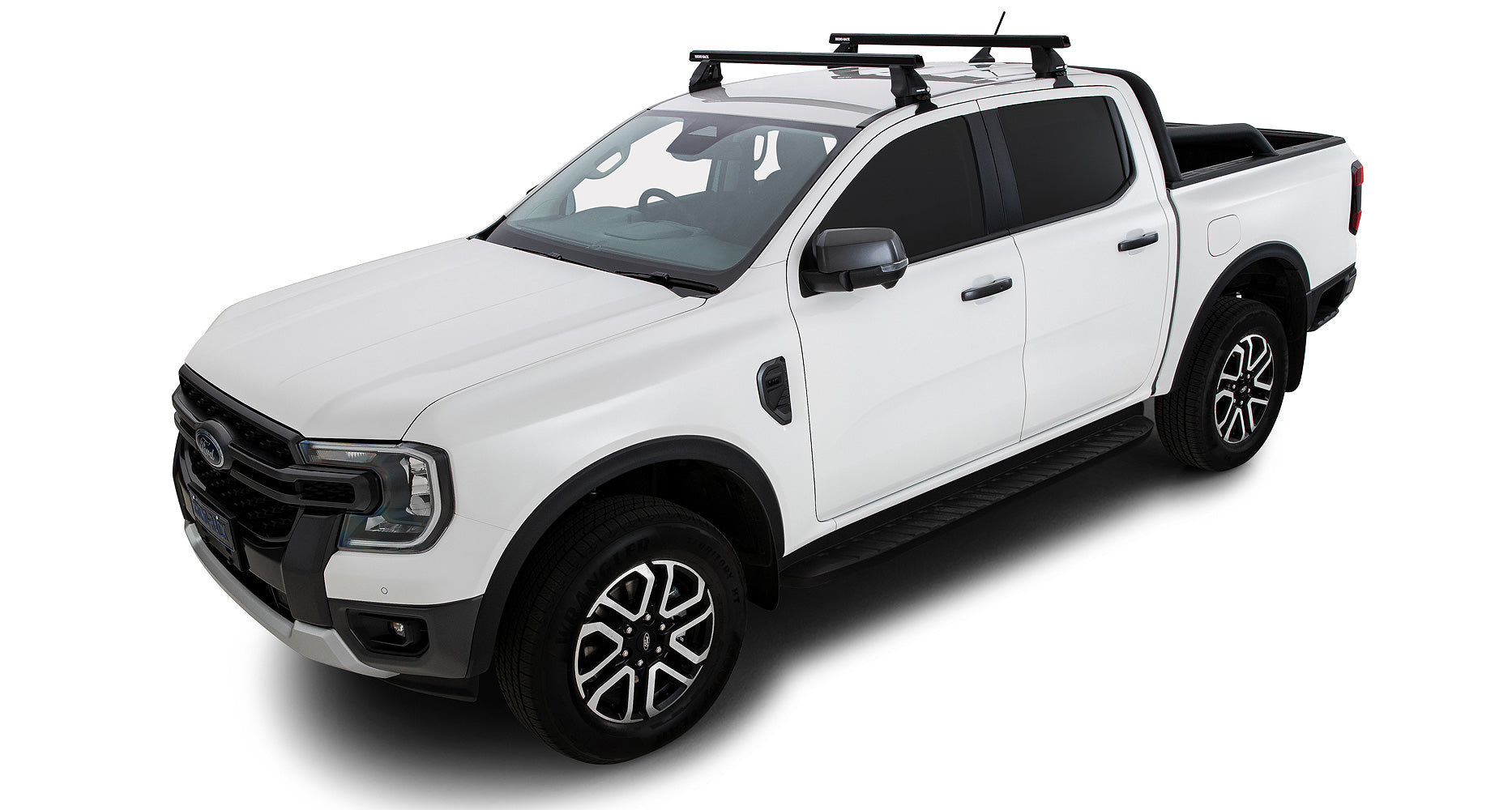 Kit de 2 barres de toit Heavy Duty noires de 1250mm pour Ford Ranger T9 et Raptor T9, marque RHINO-RACK, fixations solides.