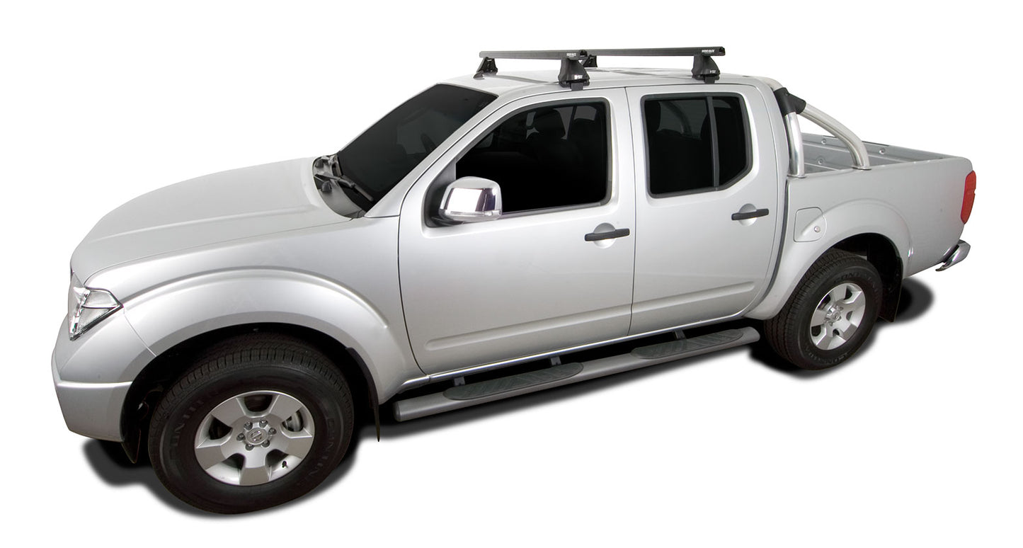 Kit 2 barres de toit Rhino-Rack Heavy Duty noires de 1375mm pour Nissan Navara D40 2005-2015, série 2500, montage robuste.