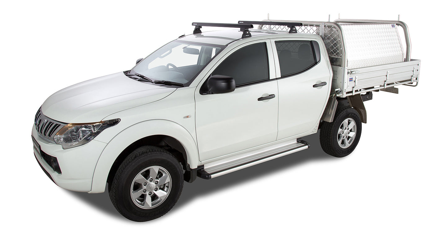 Kit de 2 barres de toit noires RHINO-RACK Heavy Duty RLT600 pour Mitsubishi L200 V V, 1250 mm, fixation Ditch Mount.
