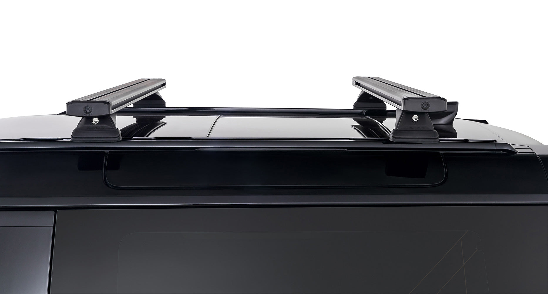 Kit de 2 barres de toit noires RHINO-RACK pour Land Rover Defender II 90 L663 2021+, longueur 1260mm, vue de dessus.