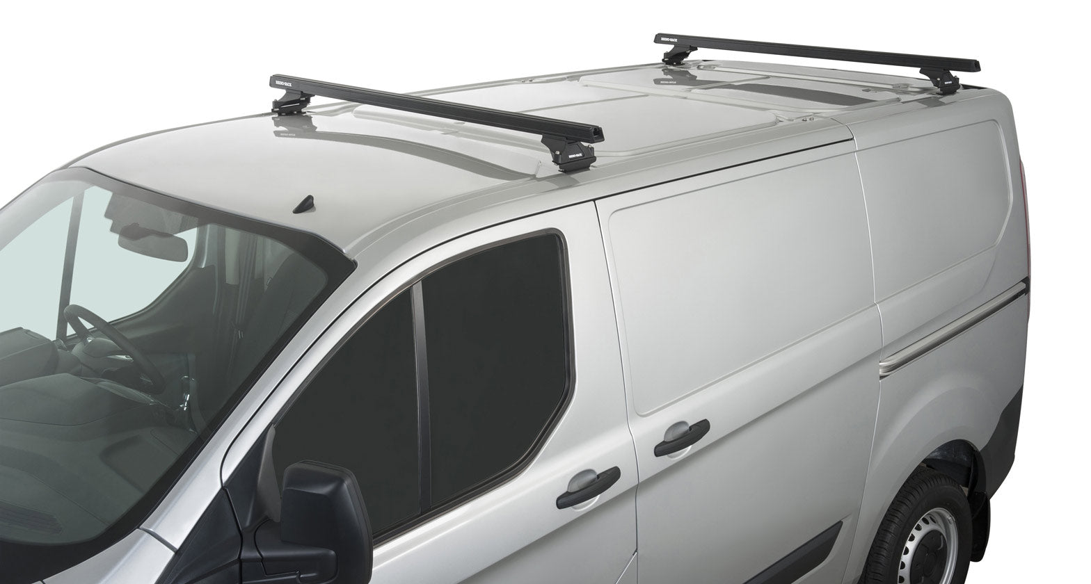 Kit de 2 barres de toit noires Heavy Duty RHINO-RACK avec pieds pour Ford Transit Custom 2014+, fixation robuste et solide.
