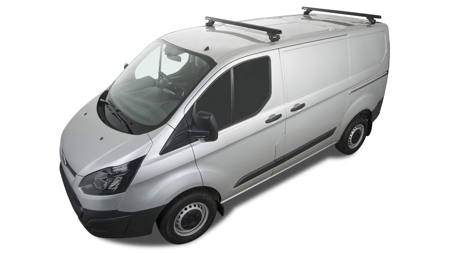 Kit 2 barres de toit noires Heavy Duty RHINO-RACK avec pieds pour Ford Transit Custom 2014+ visible en image.