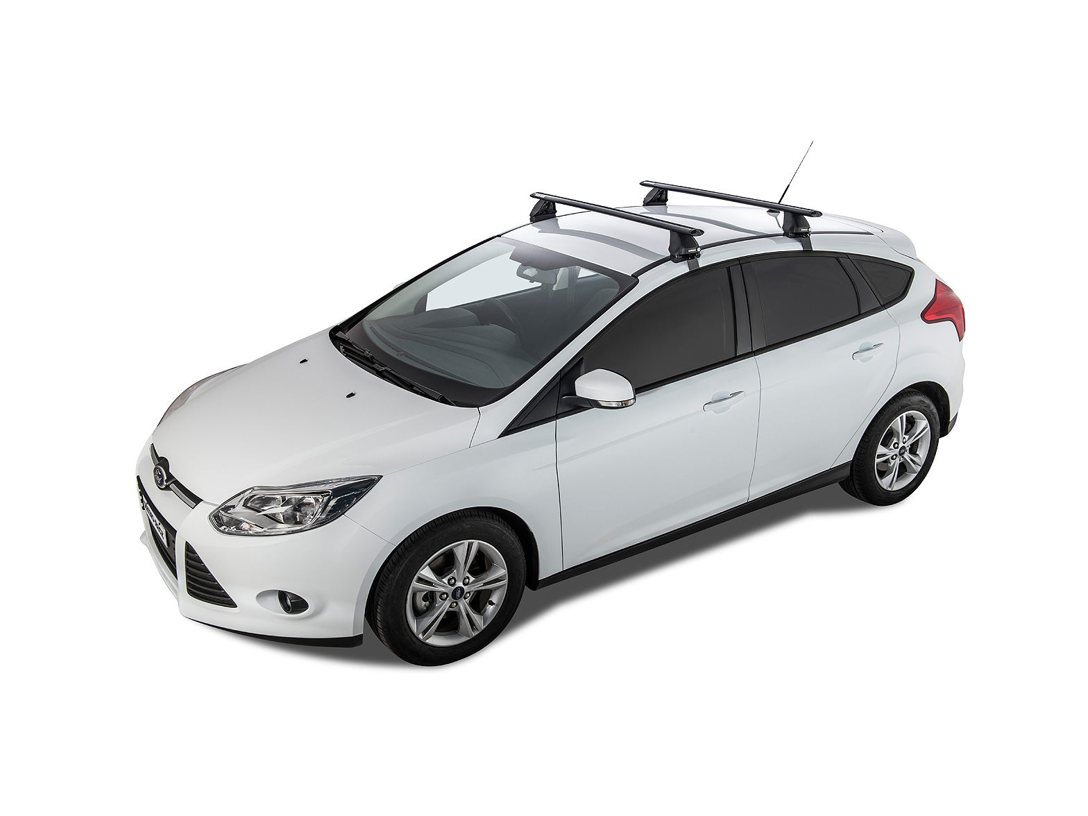 Kit de 2 barres de toit Rhino-Rack Sportz 1260mm pour Ford Focus Gen3 2011-2018, visibles sur le véhicule.