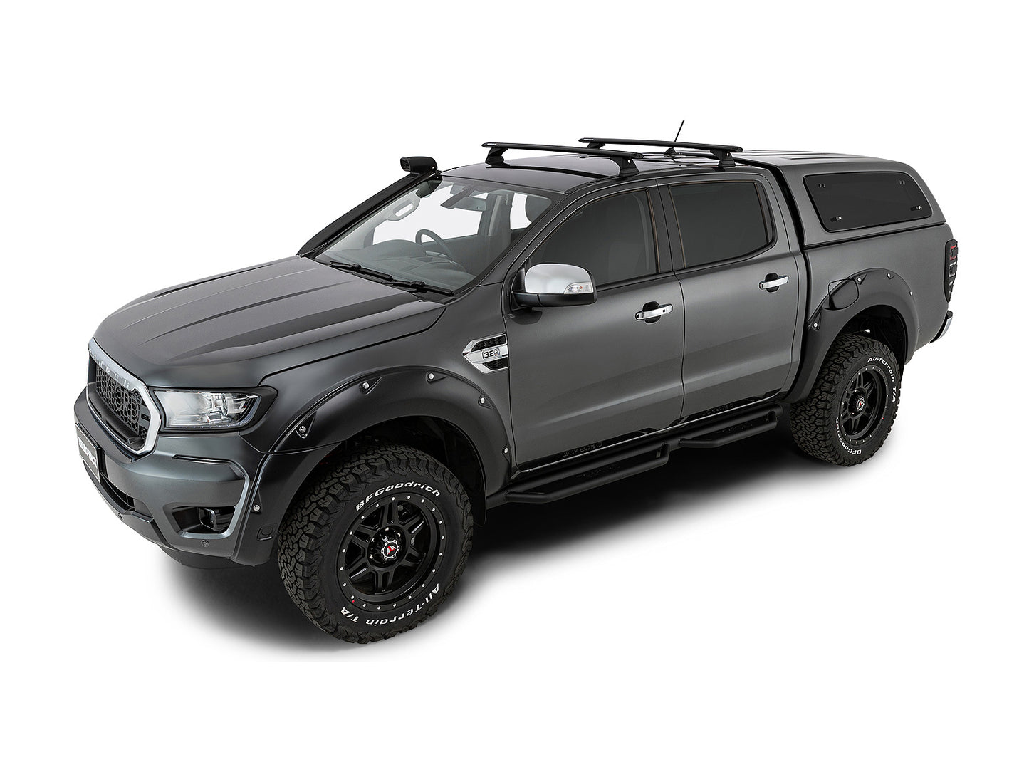 Kit de 2 barres de toit Rhino-Rack Sportz 1260mm pour Ford Ranger T6 à T8 Raptor Double Cab 2011-2022, vue des barres installées.
