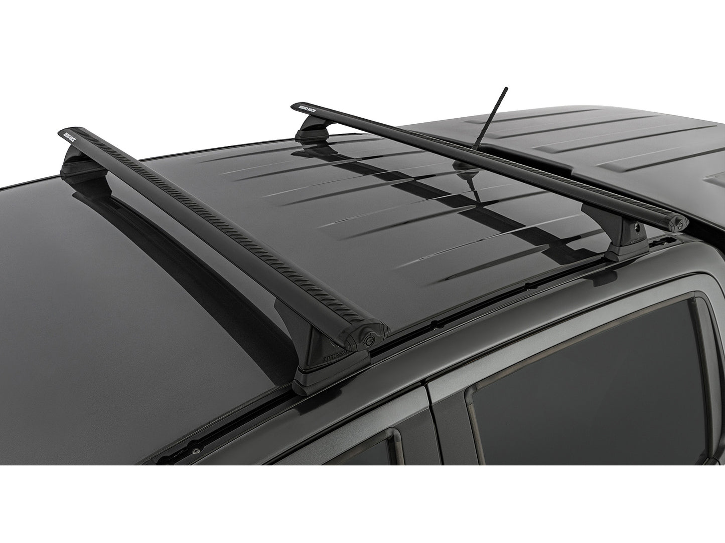 Kit de 2 barres de toit RHINO-RACK Sportz 1260mm pour Ford Ranger T6 à T8 Raptor Double Cab 2011-2022, vue montée.