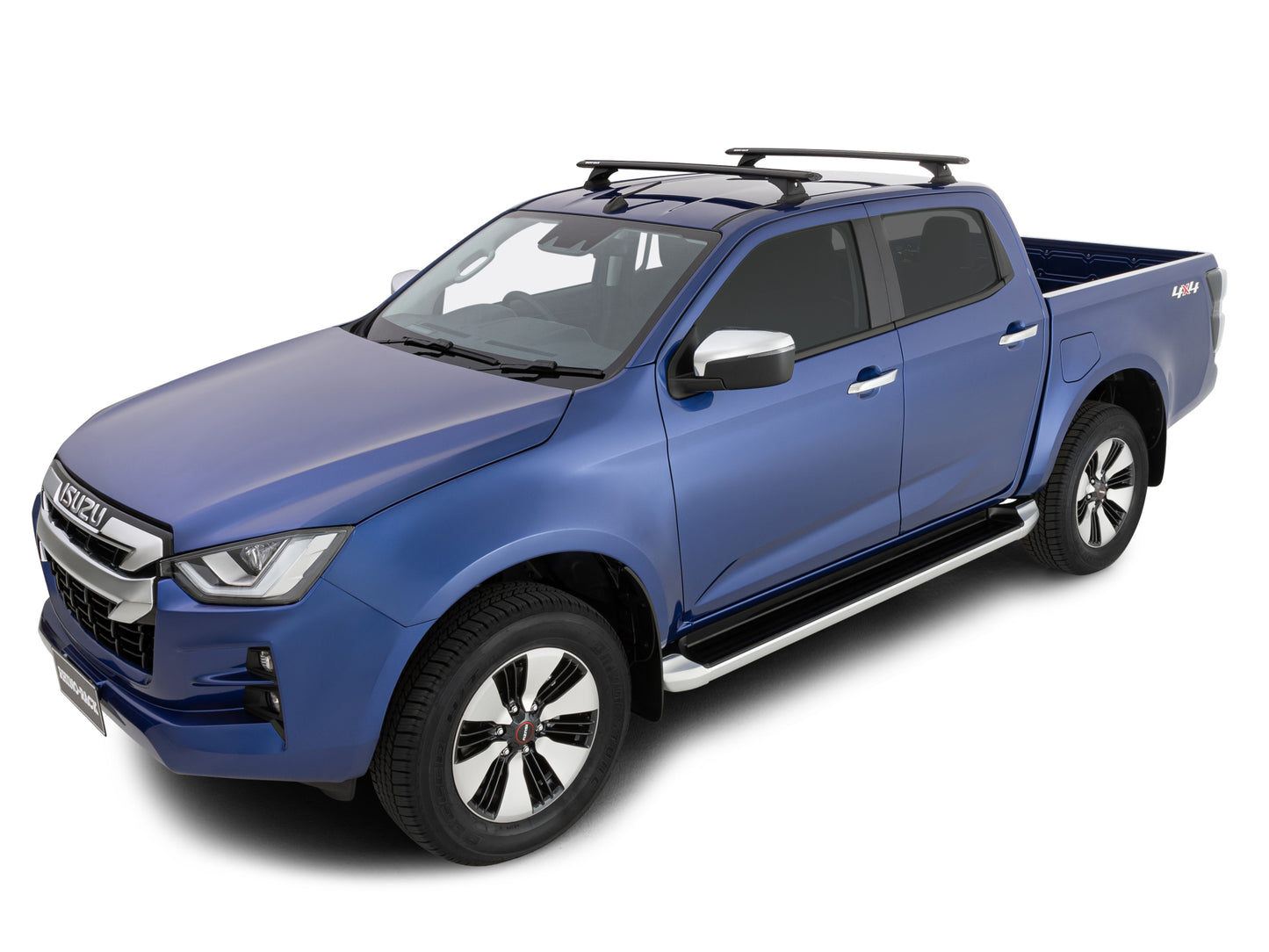 Kit 2 barres de toit RHINO-RACK Sportz 1260mm pour Isuzu D-Max Double Cab 2012, visibles avec supports et fixation.