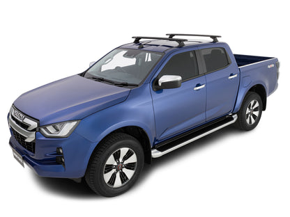 Kit 2 barres de toit RHINO-RACK Sportz 1260mm pour Isuzu D-Max Double Cab 2012, visibles avec supports et fixation.