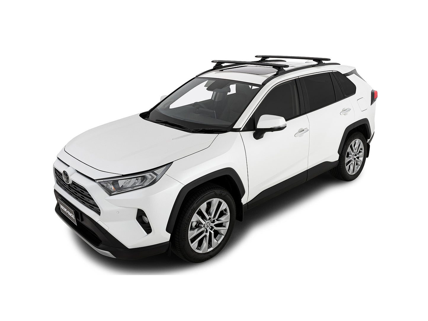 Kit 2 barres de toit RHINO-RACK Sportz 1260mm pour Toyota RAV4 2019+, vue de face avec fixation.