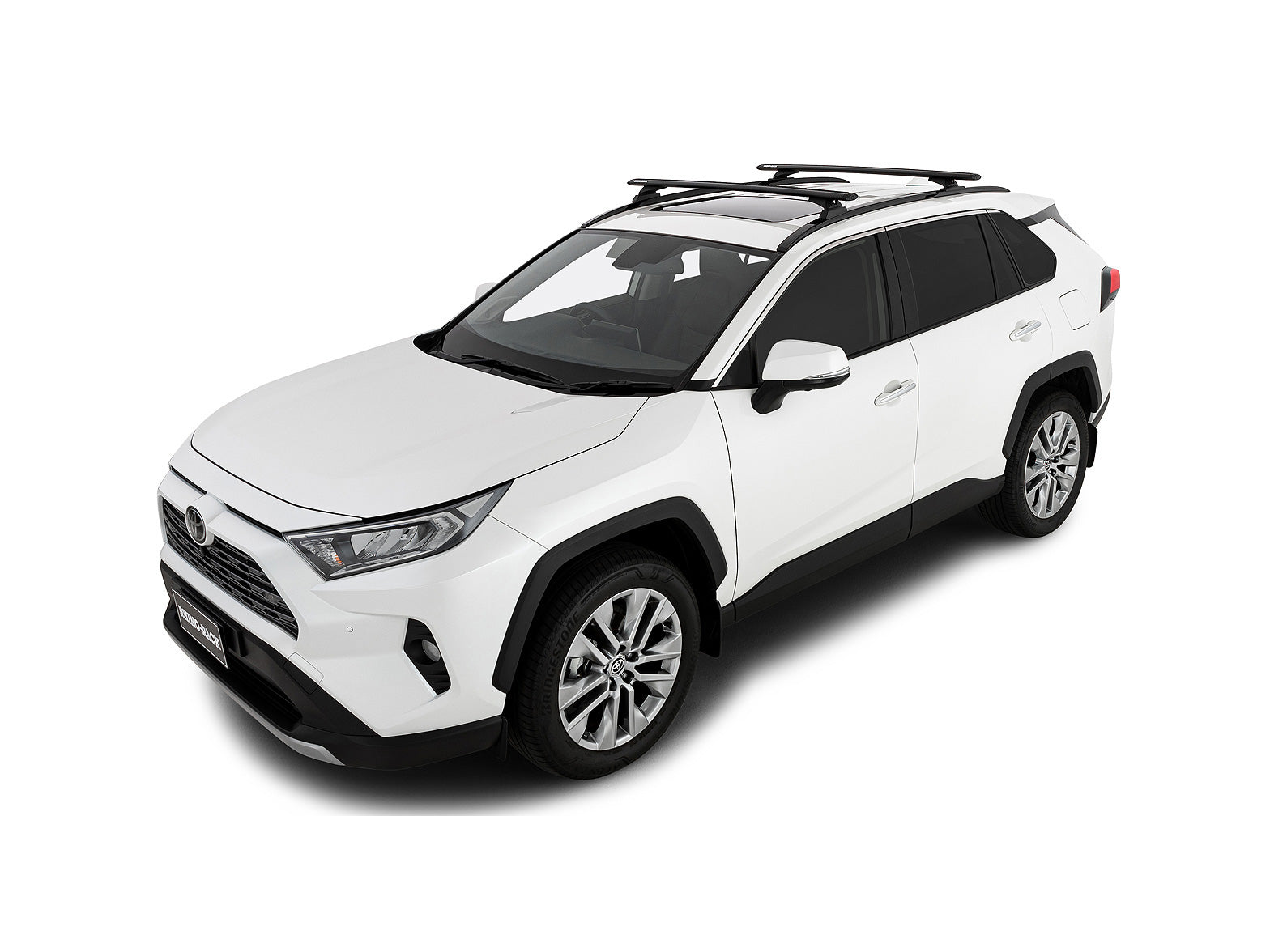 Kit 2 barres de toit RHINO-RACK Sportz 1260mm pour Toyota RAV4 2019+, vue de face avec fixation.