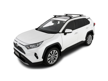 Kit 2 barres de toit RHINO-RACK Sportz 1260mm pour Toyota RAV4 2019+, vue de face avec fixation.
