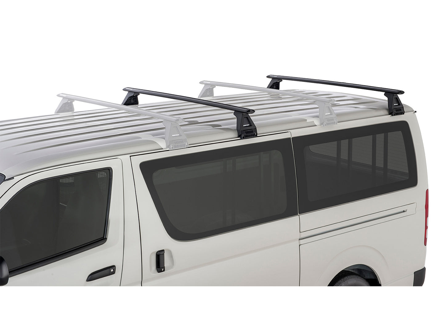 Kit 2 barres de toit RHINO-RACK Sportz 1500mm pour Toyota Hiace 1989-2005, fixation solide et robuste sur le toit du véhicule.