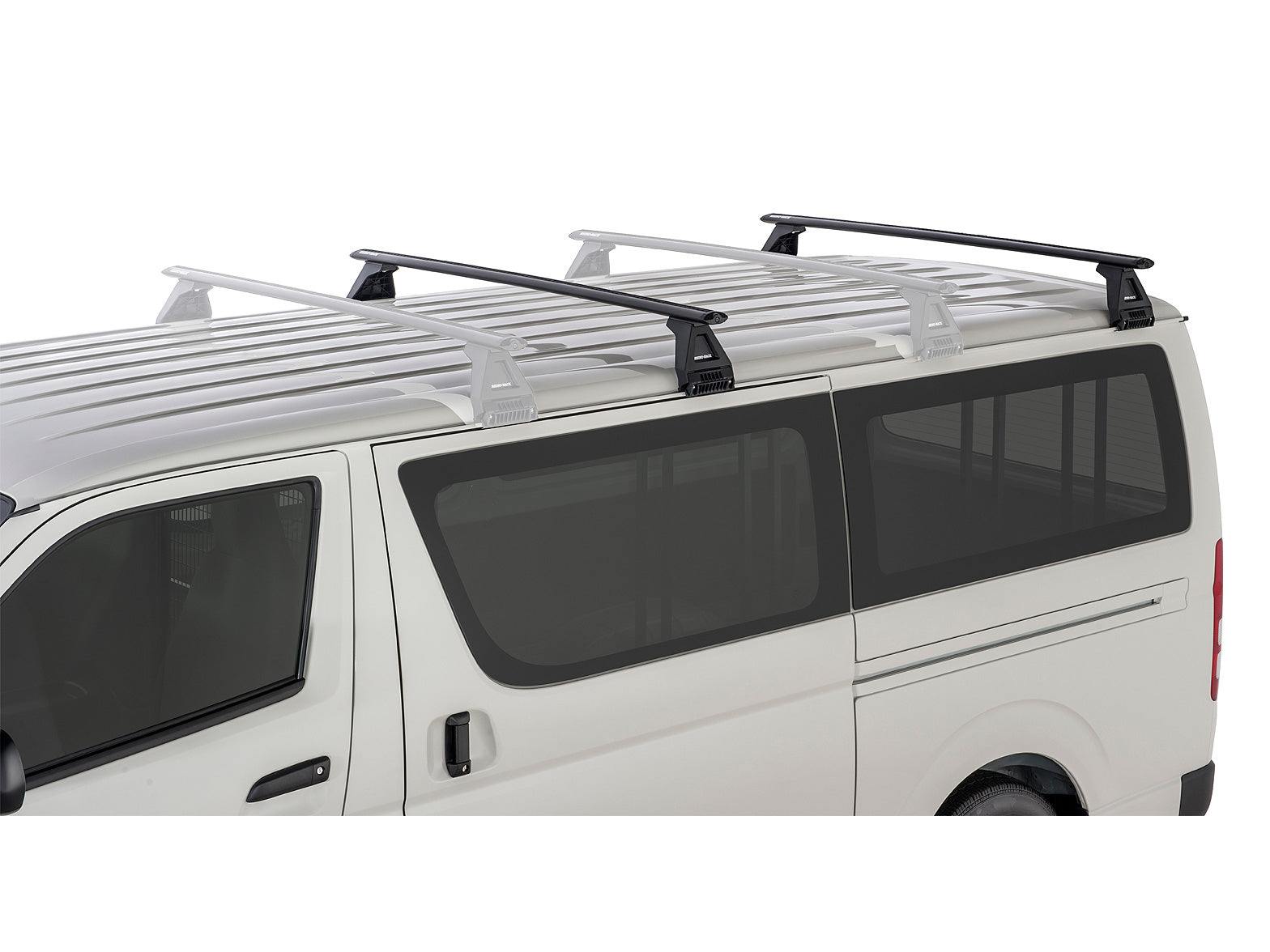 Kit 2 barres de toit RHINO-RACK Sportz 1500mm pour Toyota Hiace 1989-2005, fixation solide et robuste sur le toit du véhicule.
