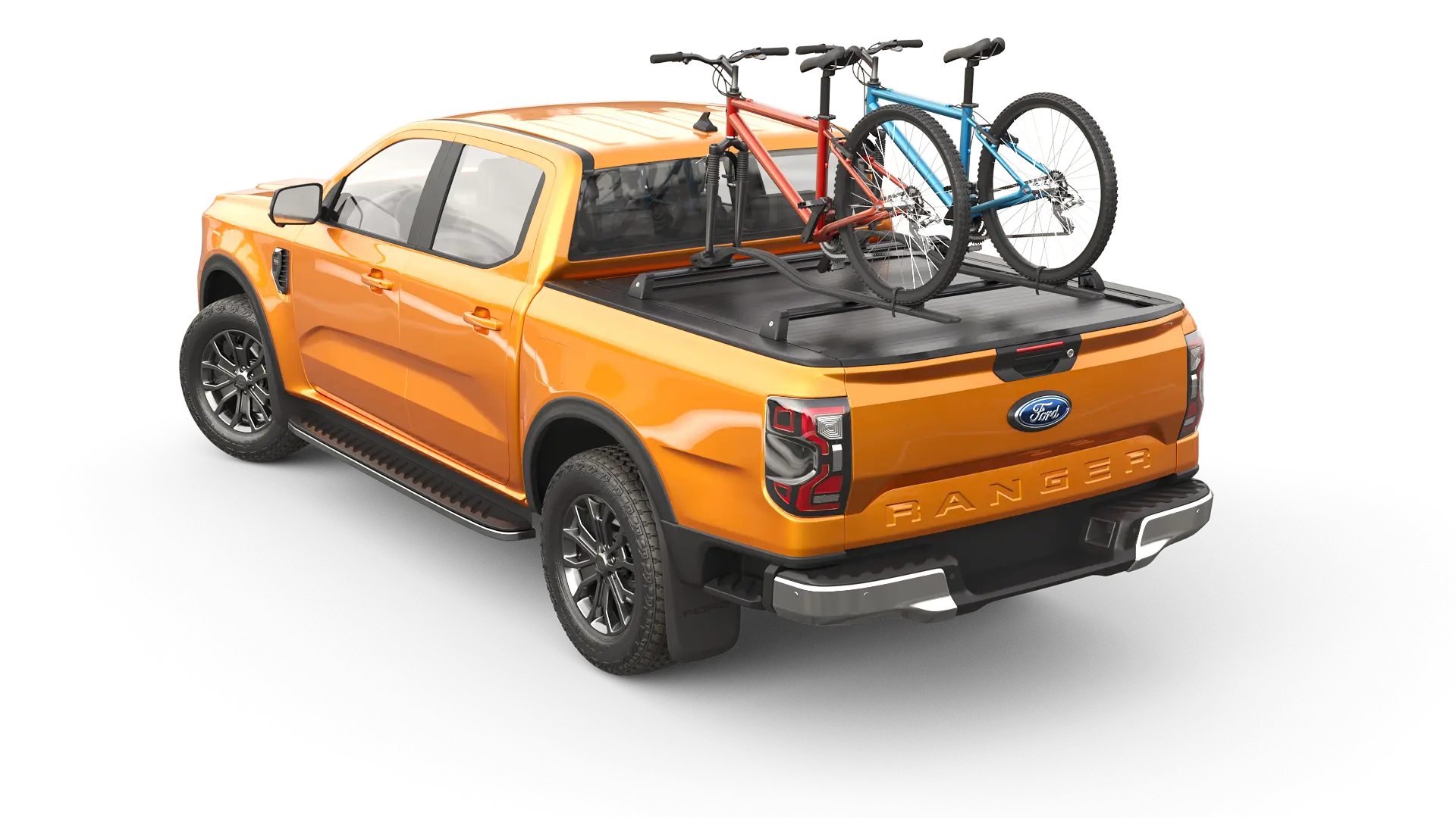 Kit de 2 barres de toit cargo MountainTop pour Ford Ranger et VW Amarok 2023+, montées sur le toit du véhicule.