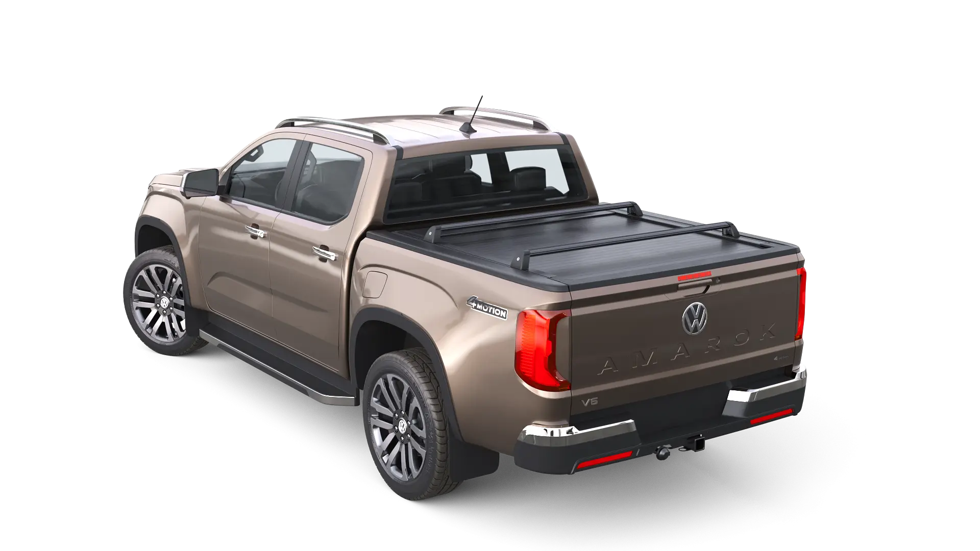 Kit 2 barres de toit cargo MountainTop pour Ford Ranger et VW Amarok 2023+, montées sur véhicule pour transport de chargement.