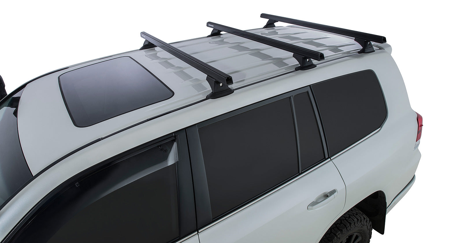 Kit 3 barres de toit noires RHINO-RACK pour Toyota Land Cruiser série 200 2007-2021, avec pieds et fixation robuste.