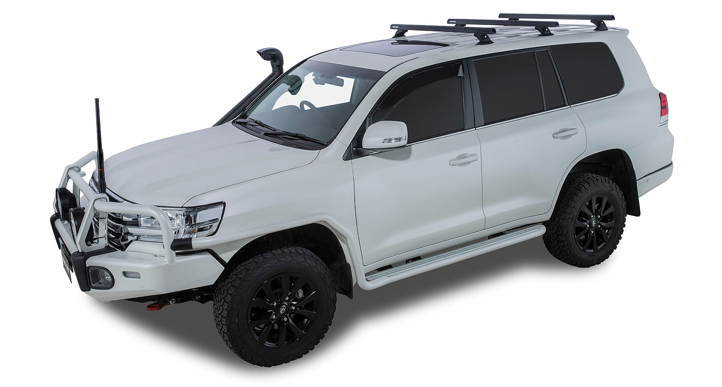 Kit 3 barres de toit noires Rhino-Rack pour Toyota Land Cruiser Série 200 2007-2021, avec pieds et fixation robuste.