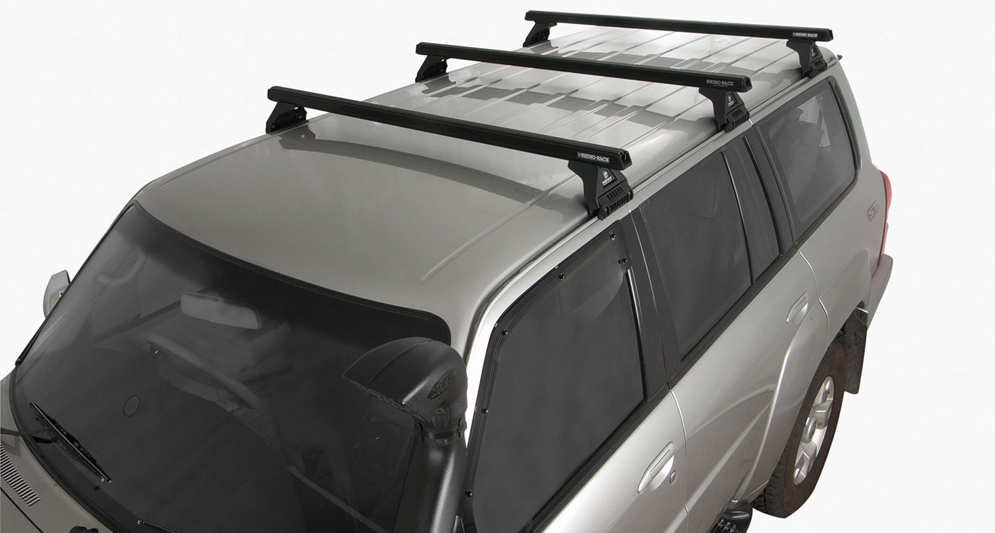 Kit de 3 barres de toit noires Heavy Duty RHINO-RACK pour Nissan Patrol GU Y61 1997-2017, 1375mm, fixation Trackmount.