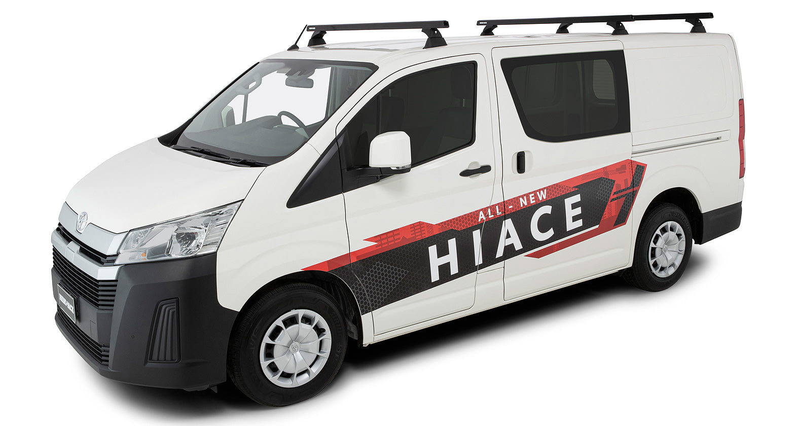 Kit de 3 barres de toit noires Heavy Duty de 1650mm pour Toyota Hiace Gen VI 2019+ de la marque RHINO-RACK, avec pieds.