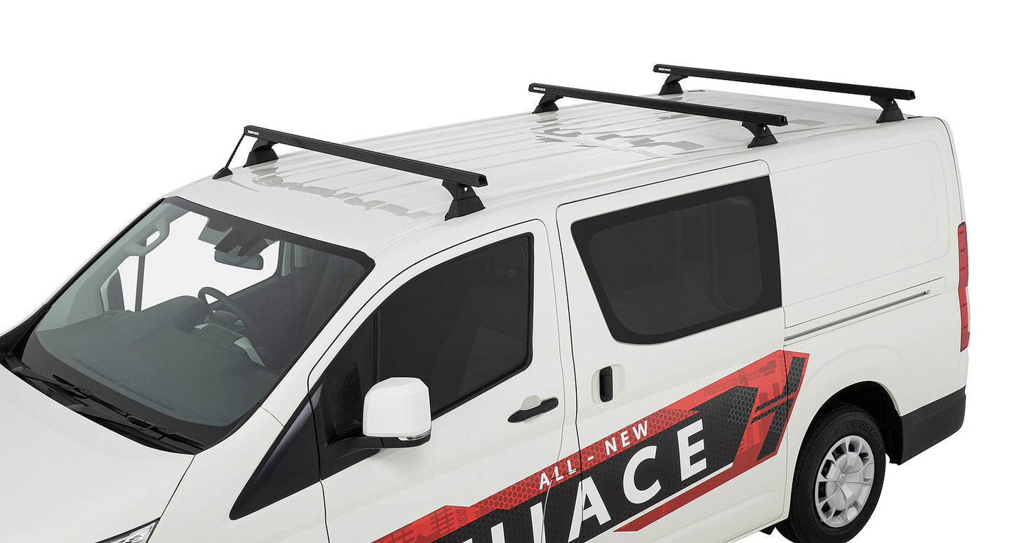 Kit de 3 barres de toit noires RHINO-RACK Heavy Duty 1650mm avec pieds pour Toyota Hiace Gen VI 2019+ sur un véhicule.