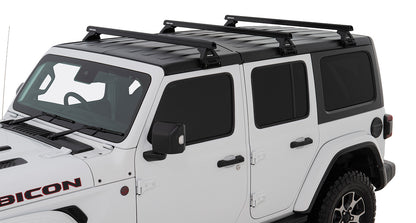 Kit de 3 barres de toit noires Heavy Duty de 1500mm avec pieds RL110 pour Jeep Wrangler JL 2019+ de la marque RHINO-RACK.