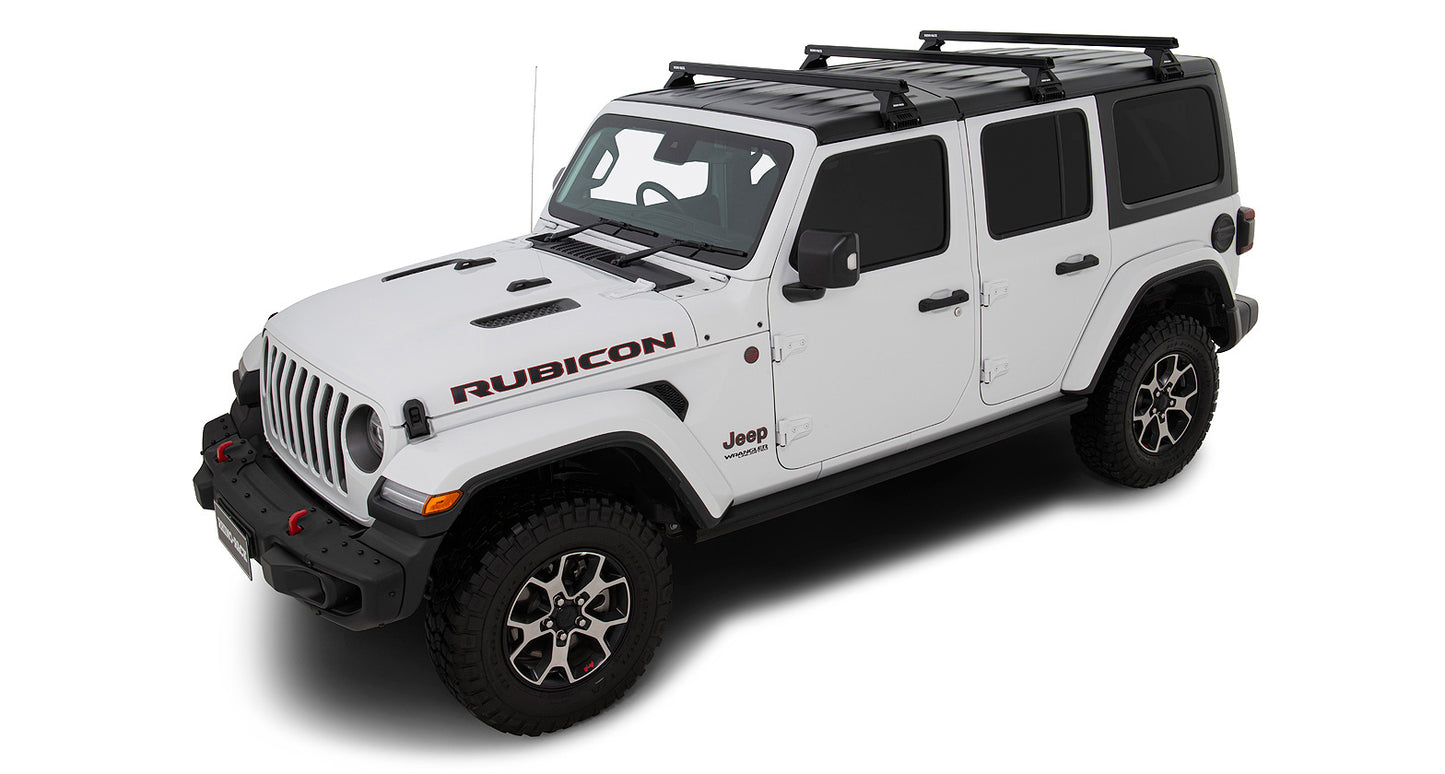 Kit de 3 barres de toit noires Heavy Duty RHINO-RACK pour Jeep Wrangler JL 2019+ avec pieds RL110, longueur 1500mm.