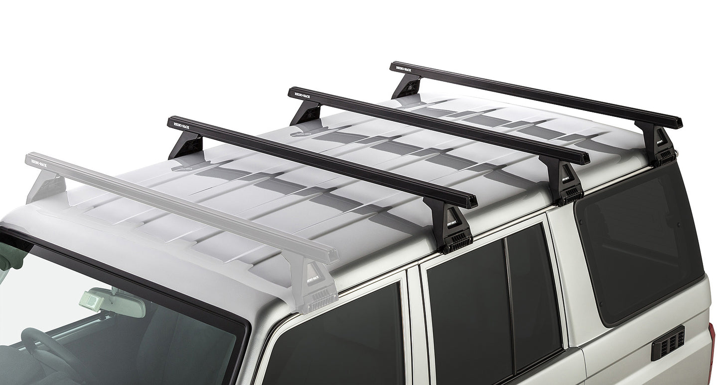 Kit de 3 barres de toit noires Heavy Duty 1500mm RHINO-RACK avec pieds pour Toyota Land Cruiser série 76 2007+.