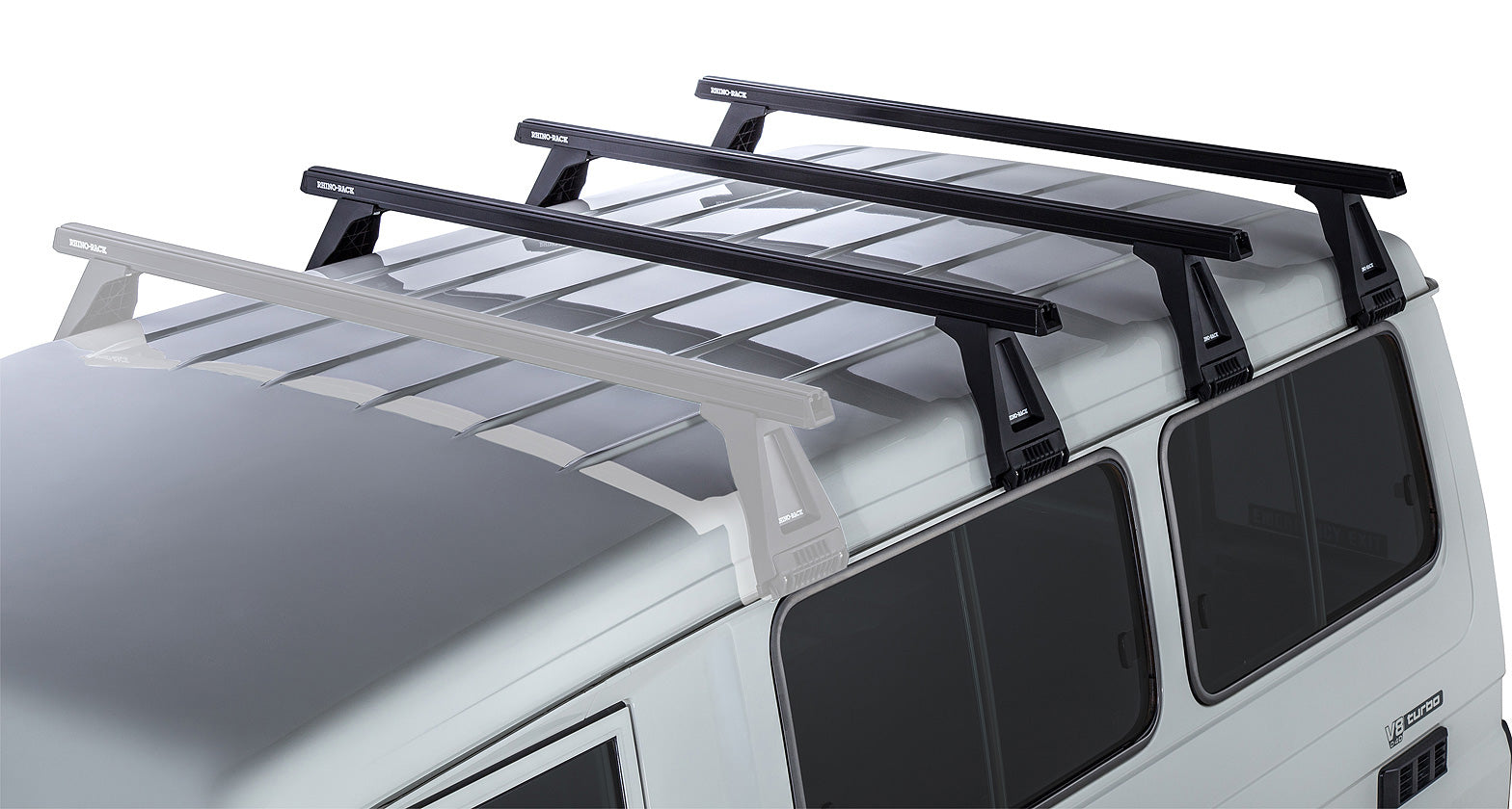 Kit de 3 barres de toit noires Heavy Duty de 1500mm avec pieds pour Toyota Land Cruiser 78 série 2007+ RHINO-RACK.