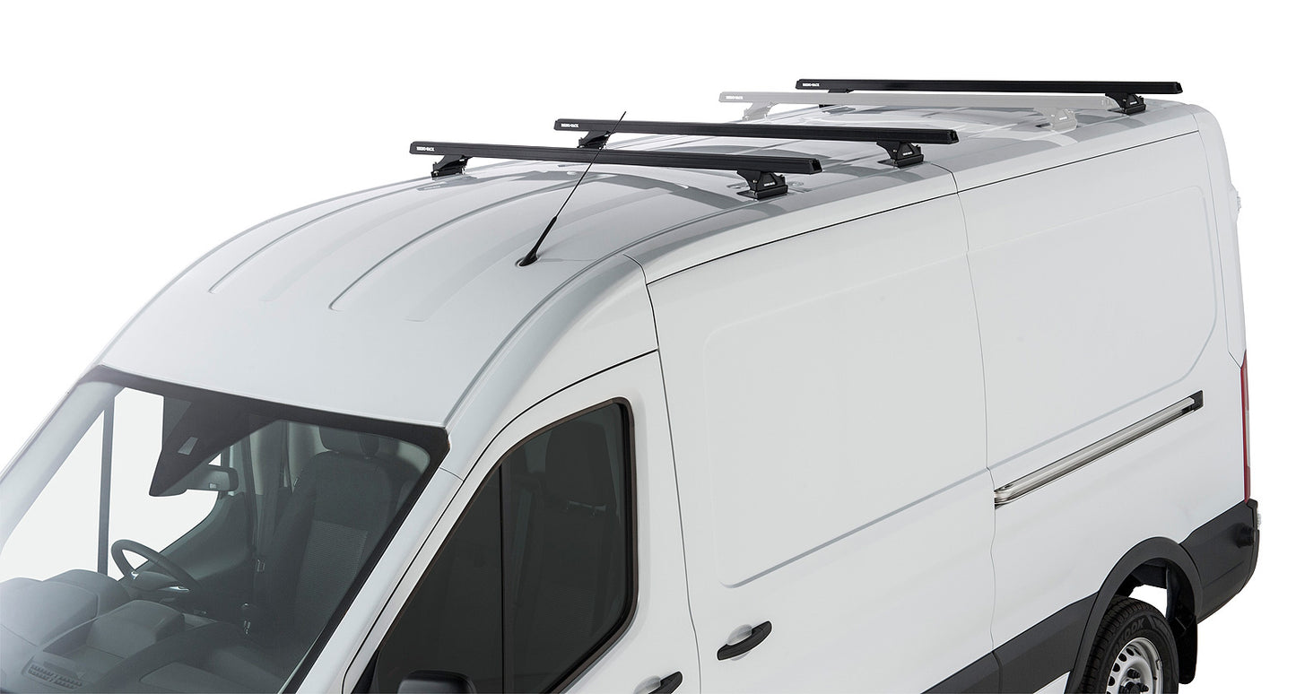 Kit de 3 barres de toit noires Heavy Duty de 1800mm avec pieds pour Ford Transit 2014+ par RHINO-RACK, fixation robuste.