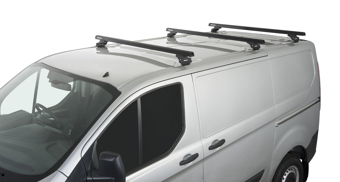 Kit de 3 barres de toit noires Heavy Duty RHINO-RACK avec pieds pour Ford Transit Custom 2014+ visible sur l'image.