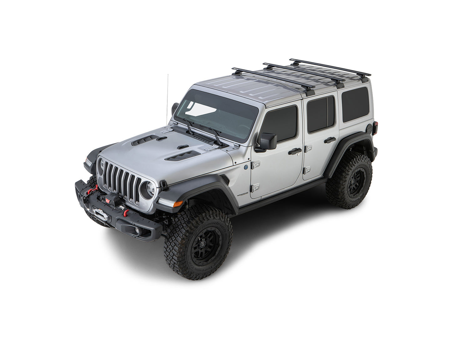 Kit de 3 barres de toit RHINO-RACK Sportz 1500mm pour Jeep Wrangler JL 2019+, visibles sur le véhicule.