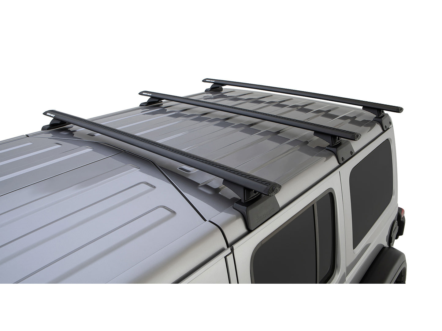 Kit de 3 barres de toit Rhino-Rack Sportz de 1500mm pour Jeep Wrangler JL 2019+, vue des barres installées.