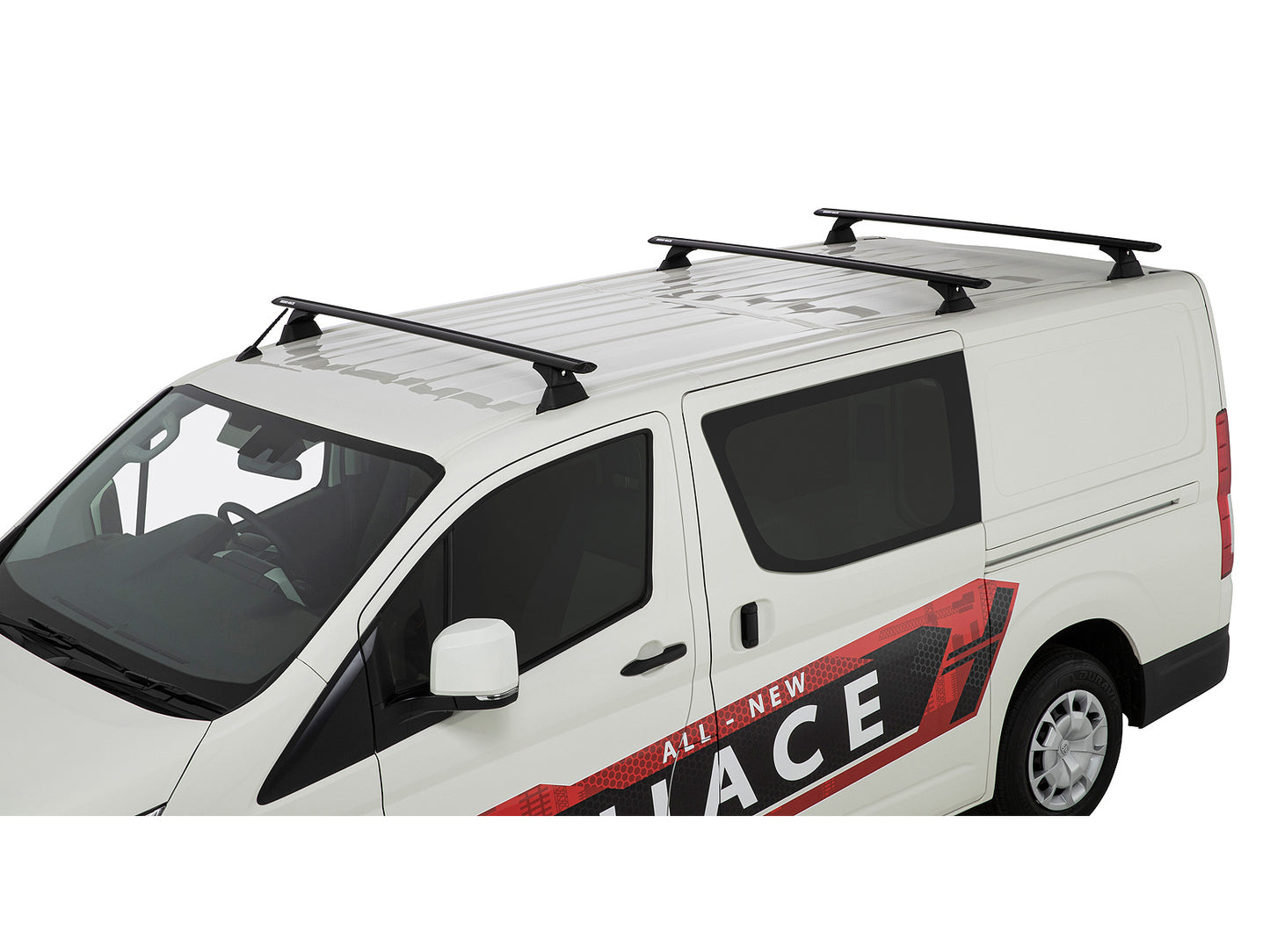 Kit de 3 barres de toit Rhino-Rack Sportz 1650mm pour Toyota Hiace 2019+ visible avec fixation robuste.
