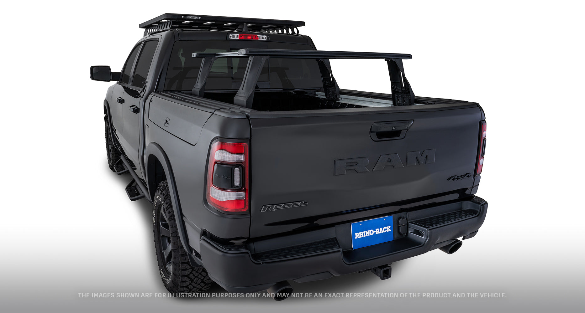 Kit de 4 barres de toit Reconn-Deck RHINO-RACK pour Dodge Ram 1500 Gen V 2019+, barres de benne robustes et adaptées.
