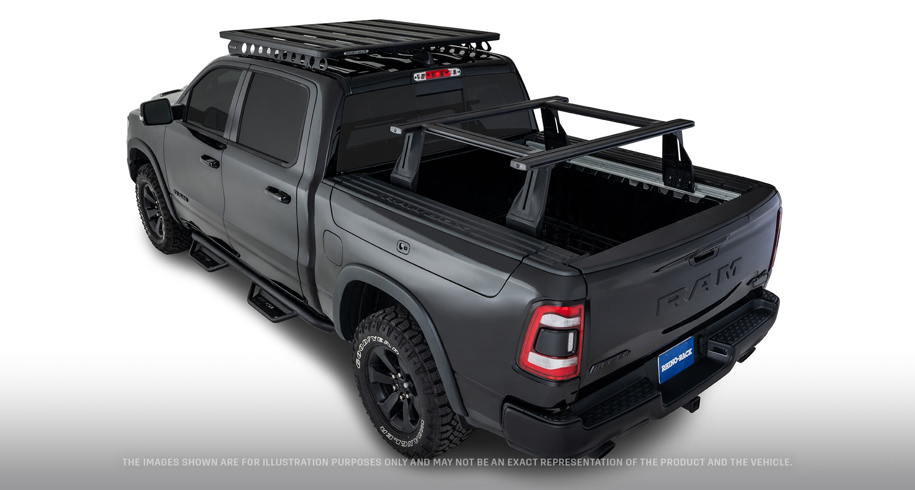 Kit de 4 barres de toit Reconn-Deck RHINO-RACK pour Dodge Ram 1500 Gen V 2019+, adaptées pour porte-bennes.
